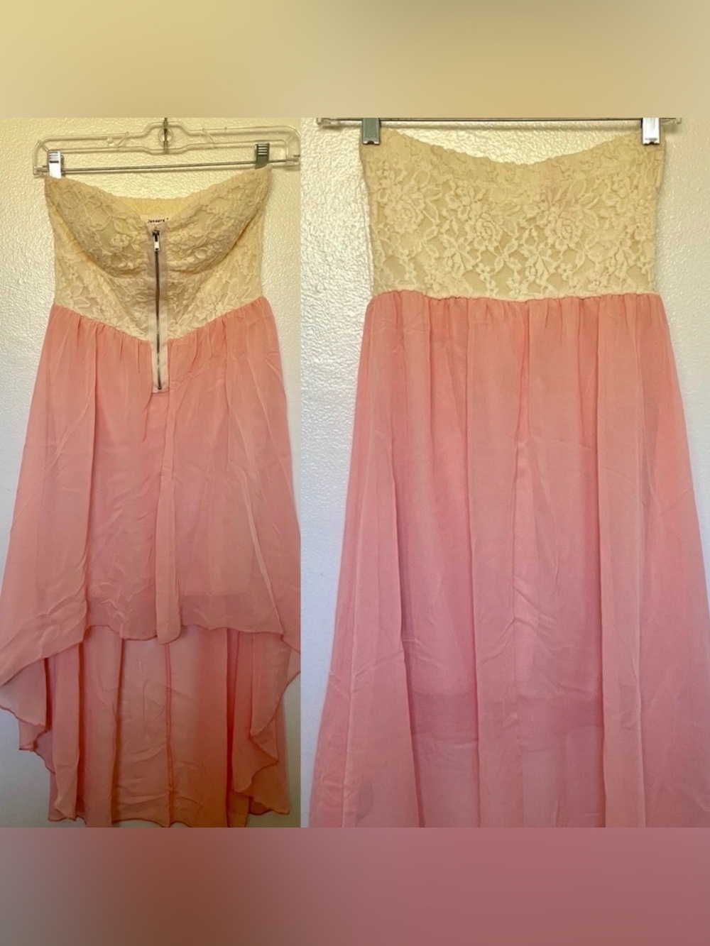 JANUARY 7 Vintage Y2K  DRESS Peach Ivory STRAPLESS High Low Party DRESS S As-Is